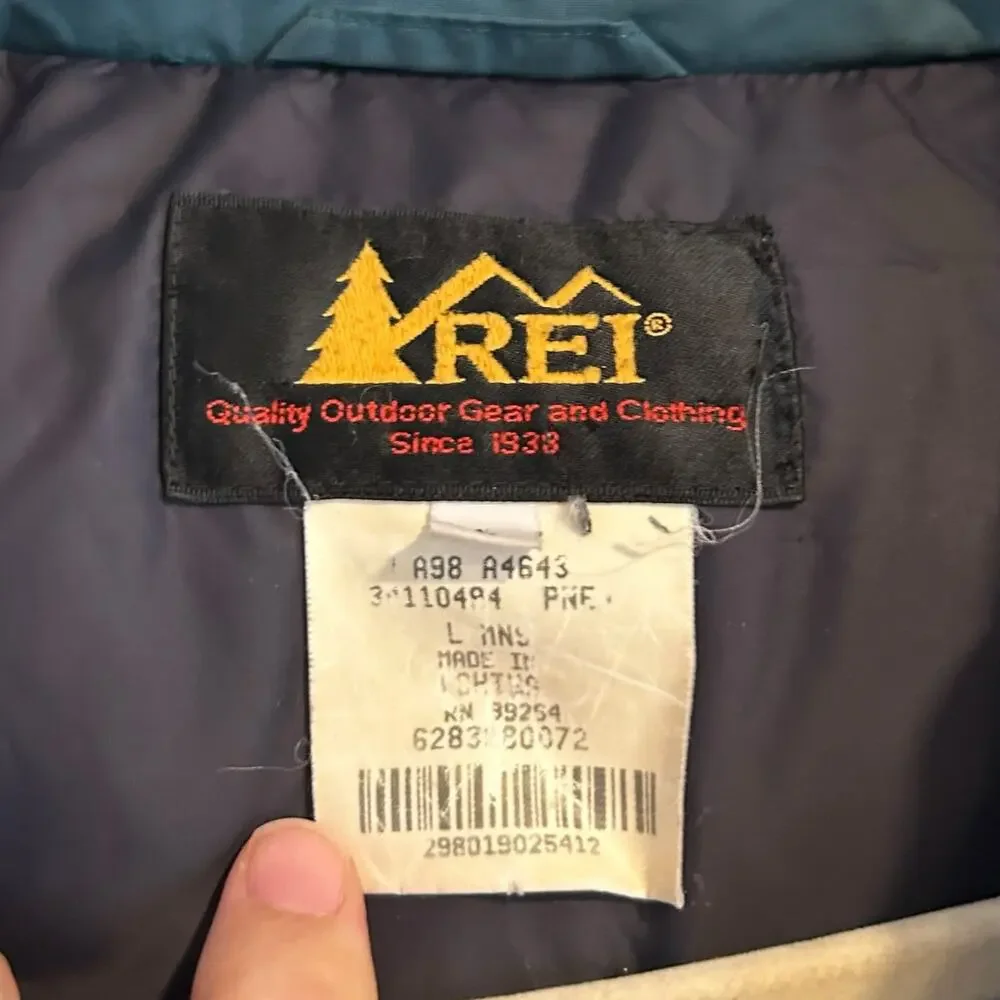 Vintage REI Green Down Filled Vest Mens Sz Large Nylon Puffer Full Zip Outdoor